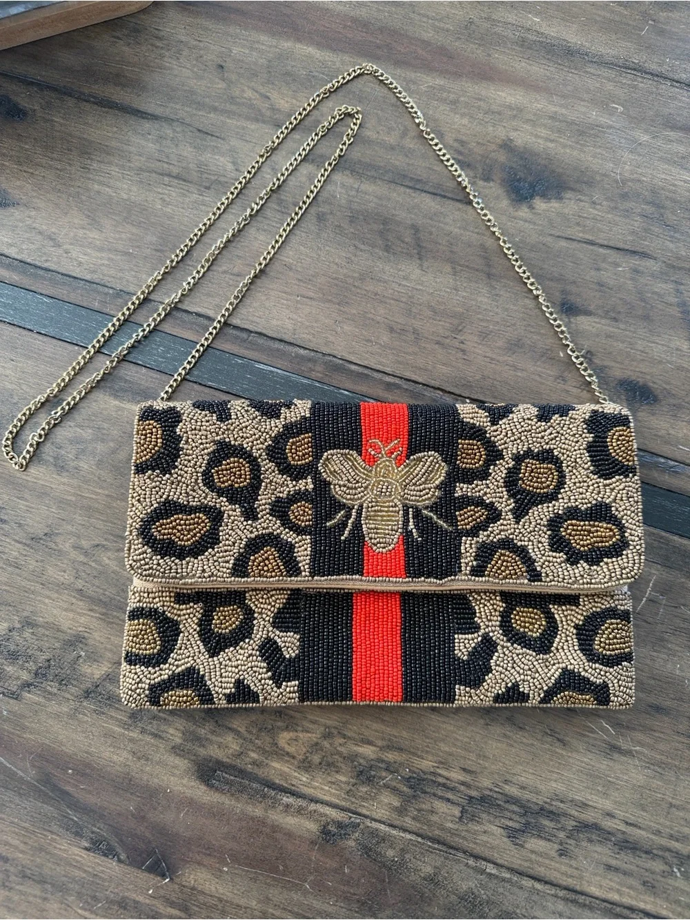 Leopard Beaded Clutch with Embroidered Bee and Red-Black Stripe